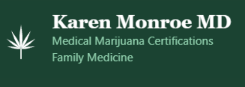 Karen Monroe MD logo with green marijuana leaf and text: Medical Marijuana Certifications, Family Medicine
