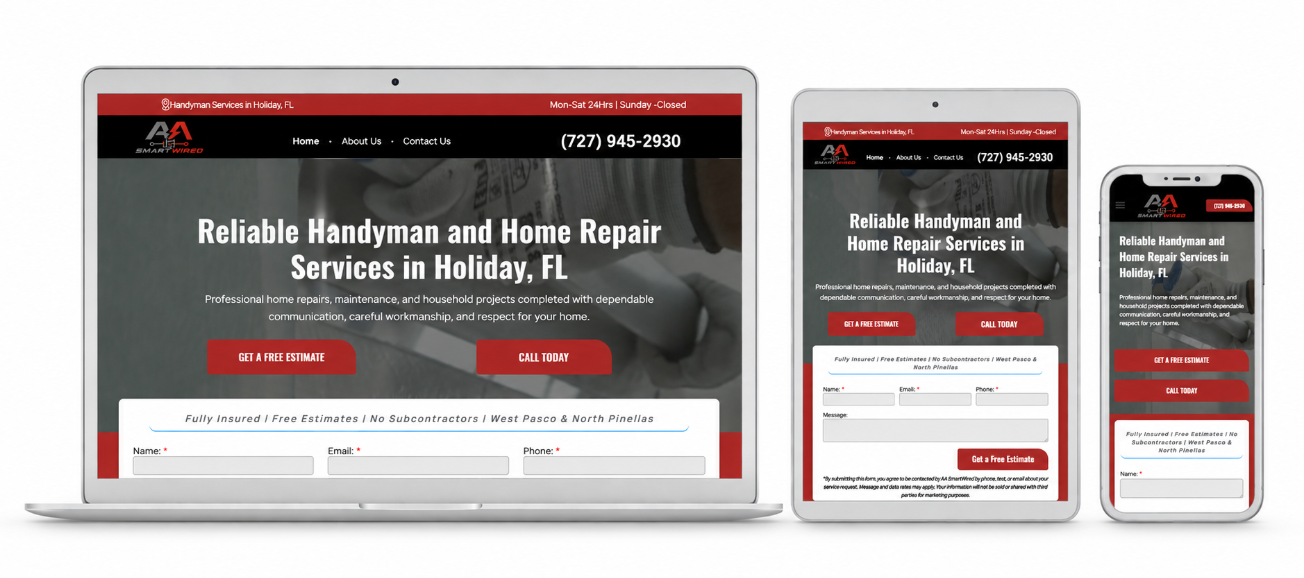 Website shown on laptop, tablet, and phone with a red-and-black responsive home page design