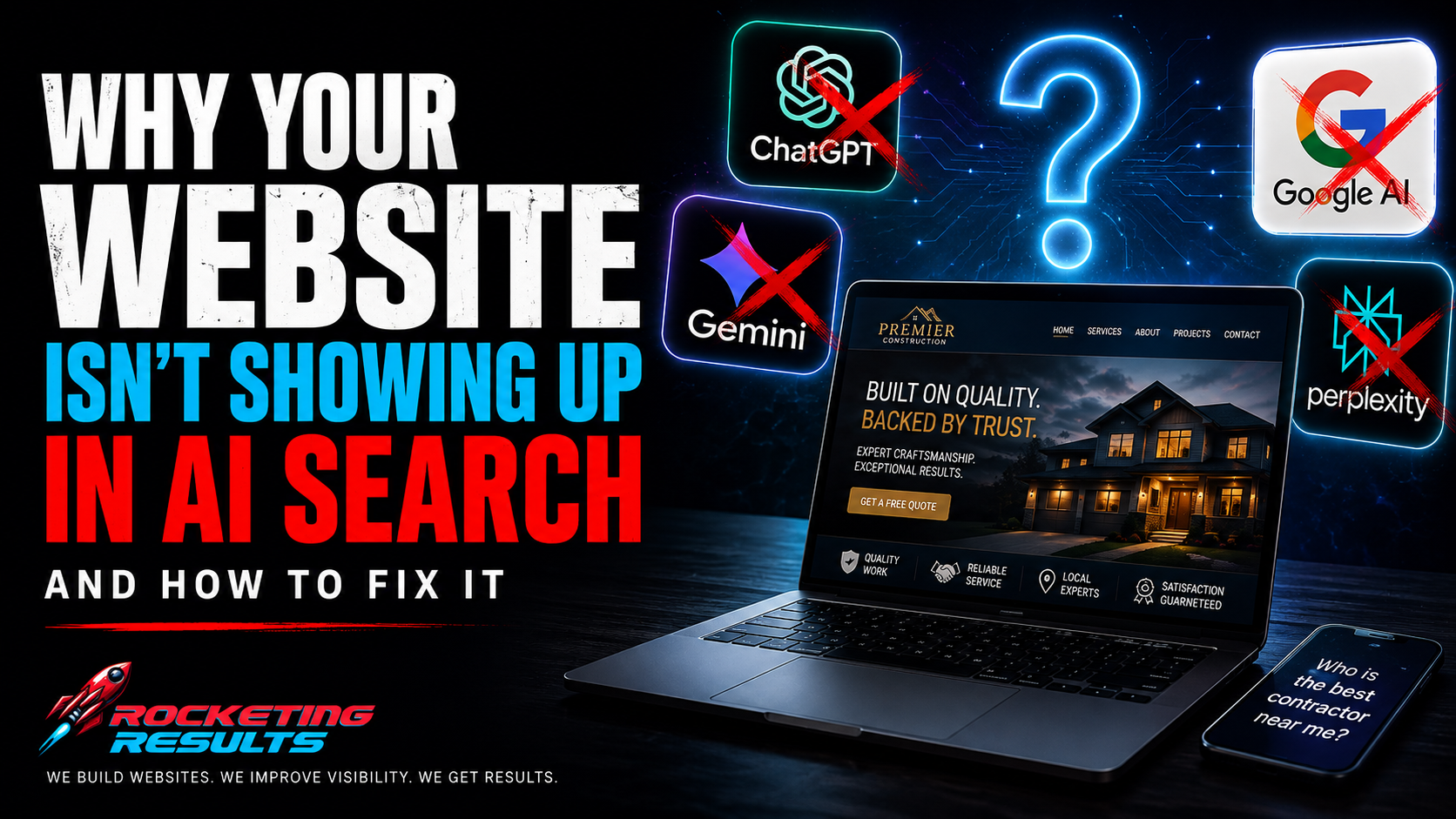 Bold ad: “Your website looks amazing. AI still doesn’t recommend it,” with laptop and AI logos.