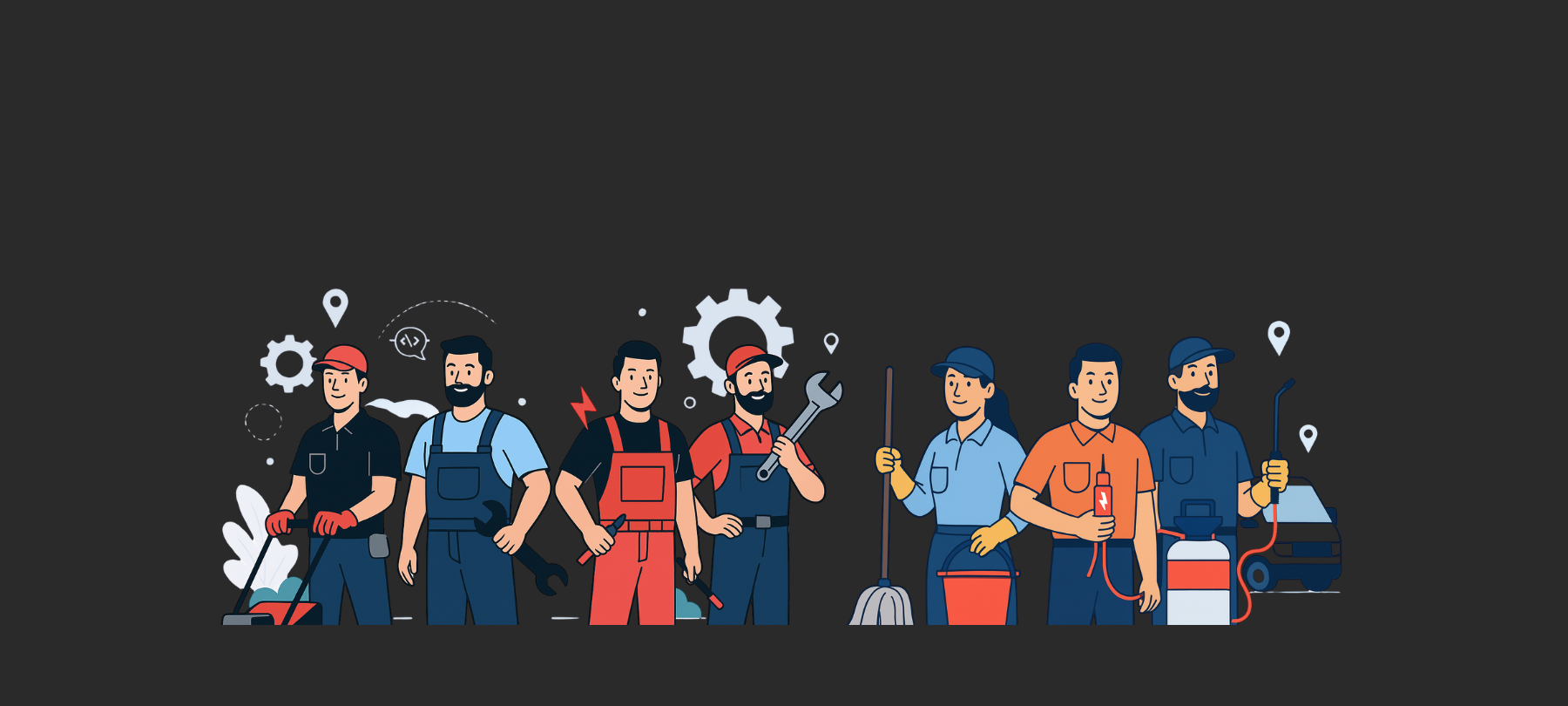 Illustrated team of workers in blue uniforms standing together with tools and equipment on a dark background