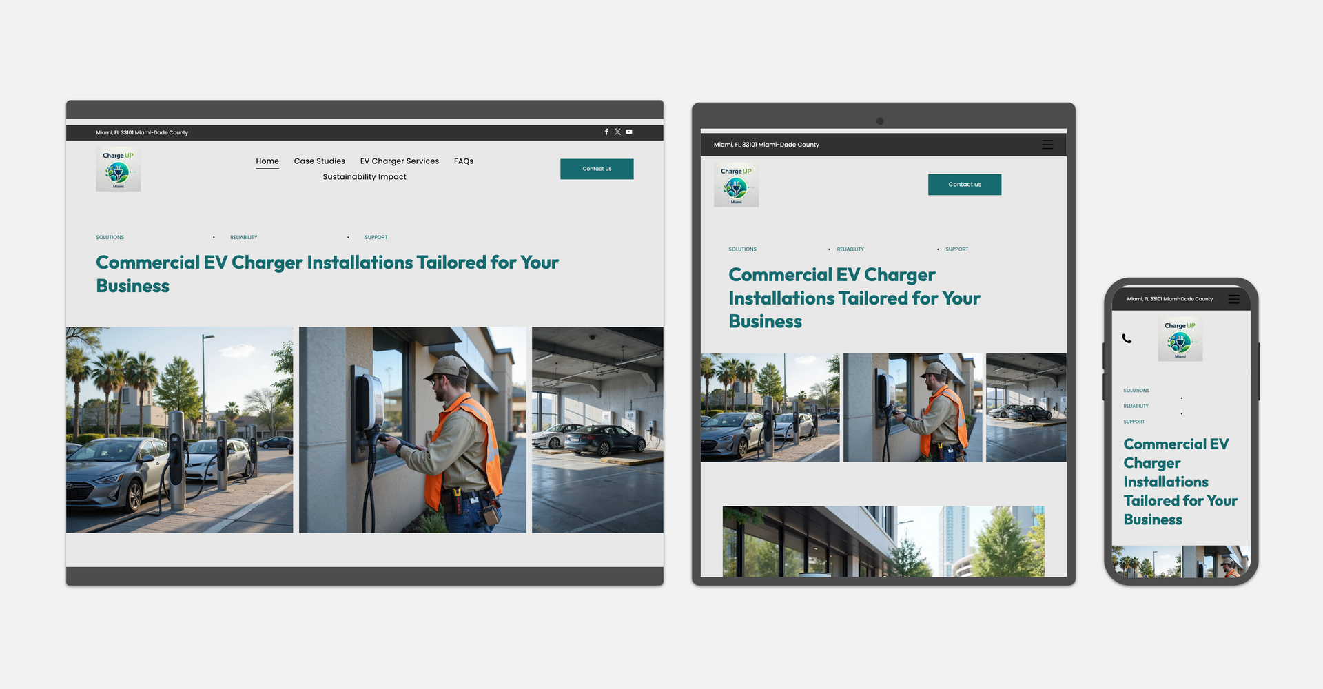 Responsive website mockup shown on desktop, tablet, and phone with teal header and city photos