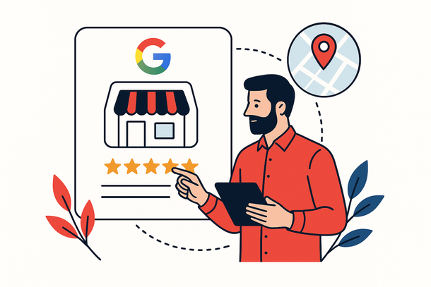 Man pointing at Google Business storefront with star ratings and map pin icon