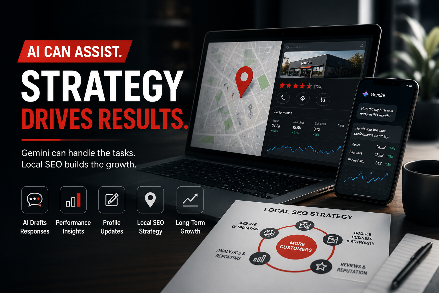 Marketing dashboard mockup with laptop, charts, and “Strategy drives results” text on a dark desk background