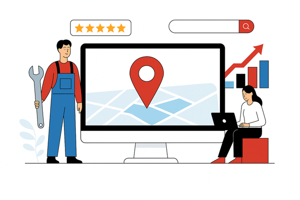 Illustration of a map search screen with a location pin, charts, and two people beside a desktop computer