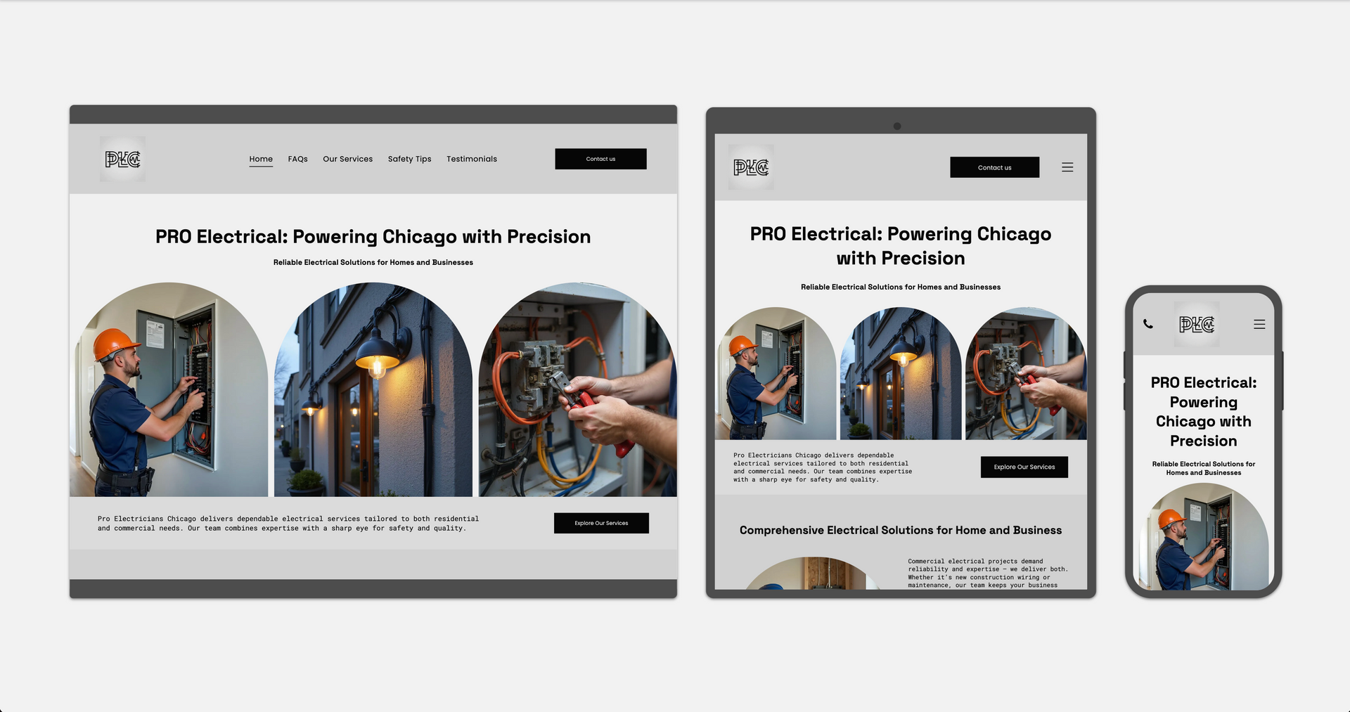 Responsive website mockups shown on desktop and phone, featuring a hero image and text sections