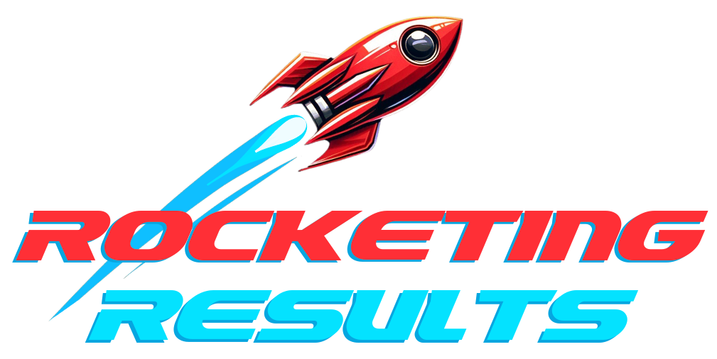 Rocket with &ldquo;Rocketing Results&rdquo; text in red and blue stylized lettering