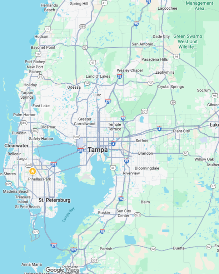 Google Maps view of Tampa, Florida and surrounding cities, roads, and coastline in light green and blue.
