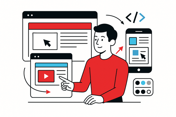 Person in red shirt designing a website across desktop, tablet, and phone screens