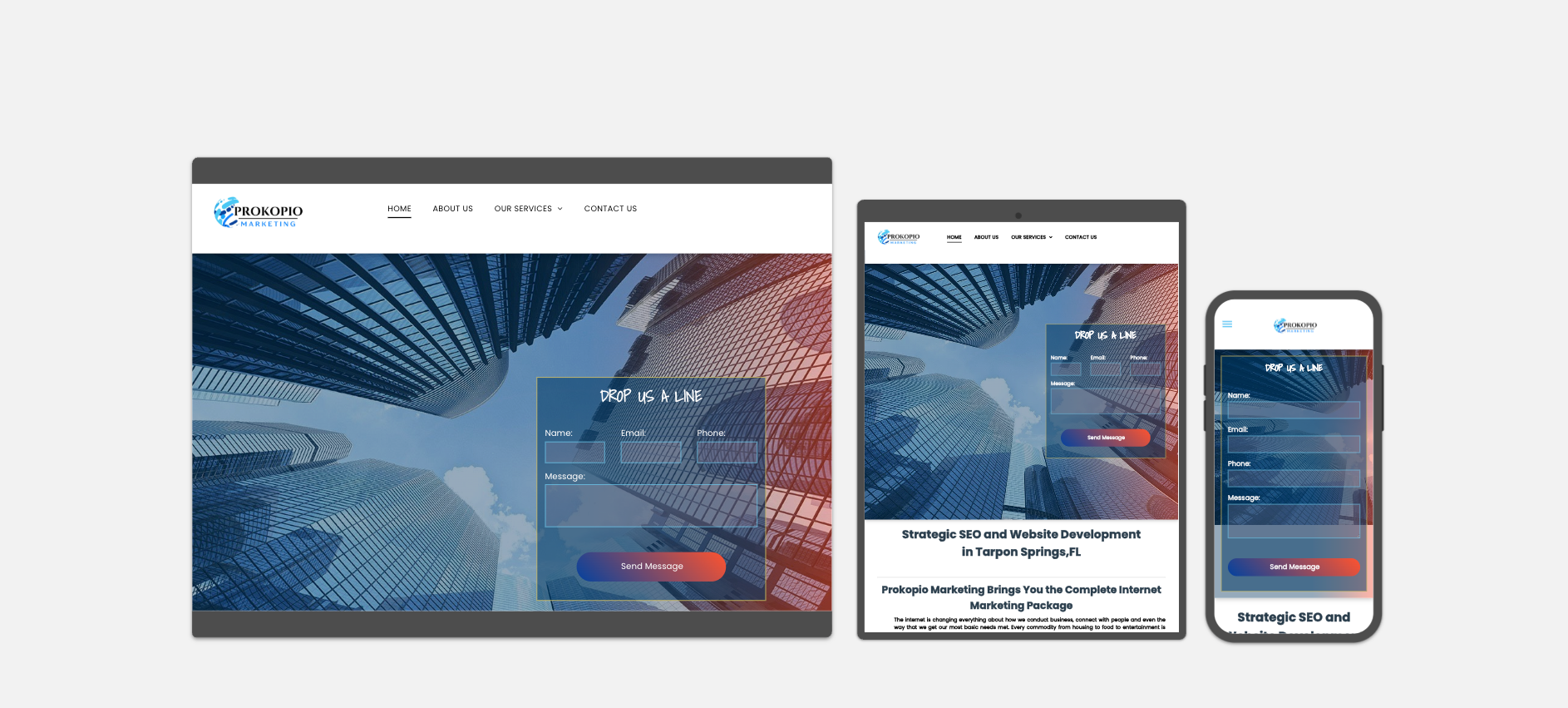 Responsive website mockup shown on desktop, tablet, and phone screens