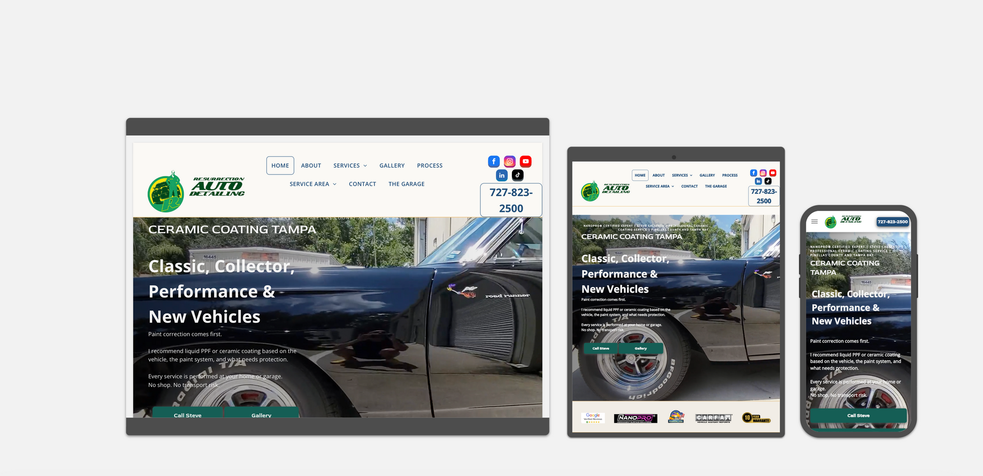 Auto insurance website shown on laptop, tablet, and phone with a black car hero image