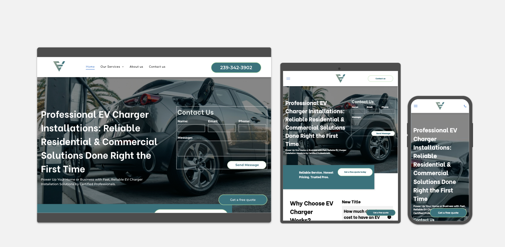 Responsive car website mockup shown on desktop, tablet, and phone screens, with dark teal accents