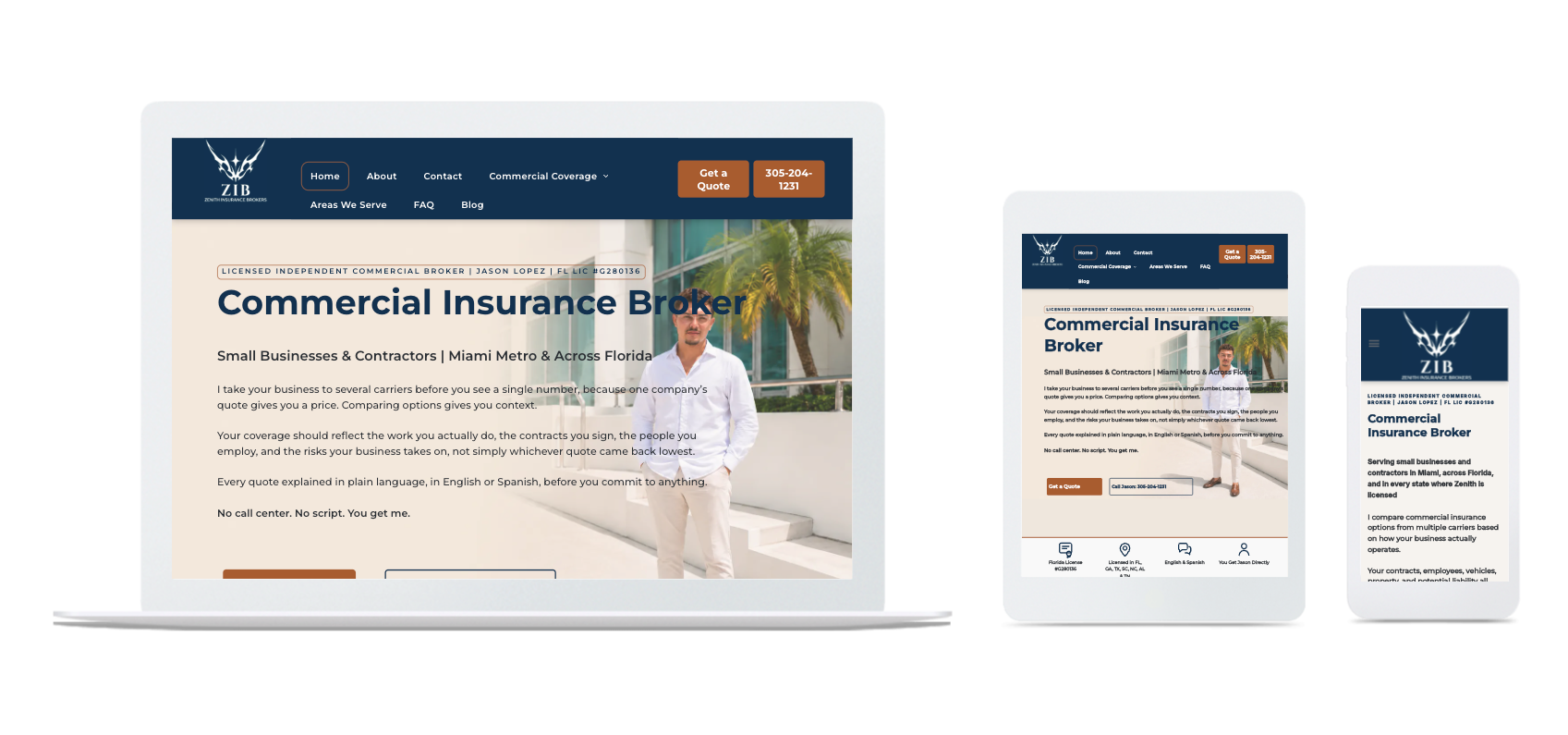 Insurance website shown on laptop, tablet, and phone with a doctor hero image and navigation bar