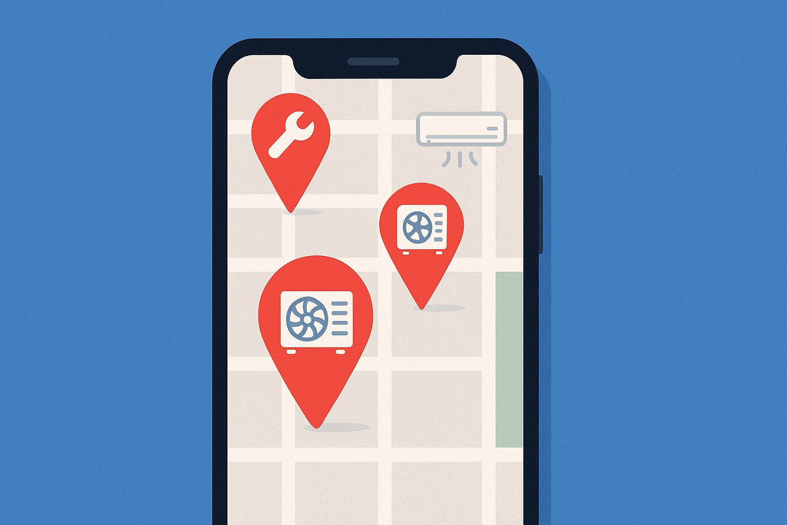 Smartphone map with red location pins marking nearby places and search results