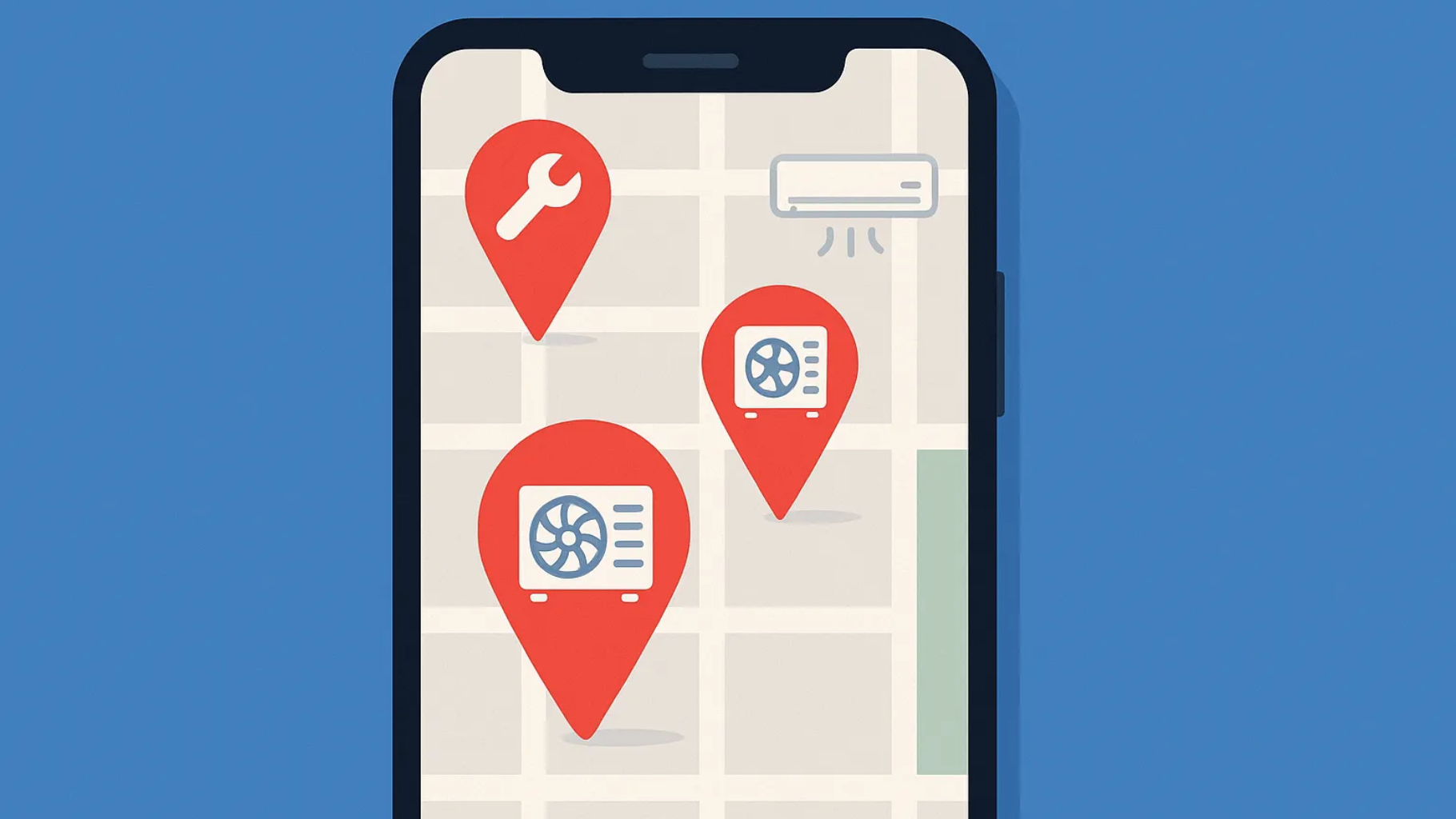 Smartphone screen showing three red location pins on a map, with one pin showing a wrench icon