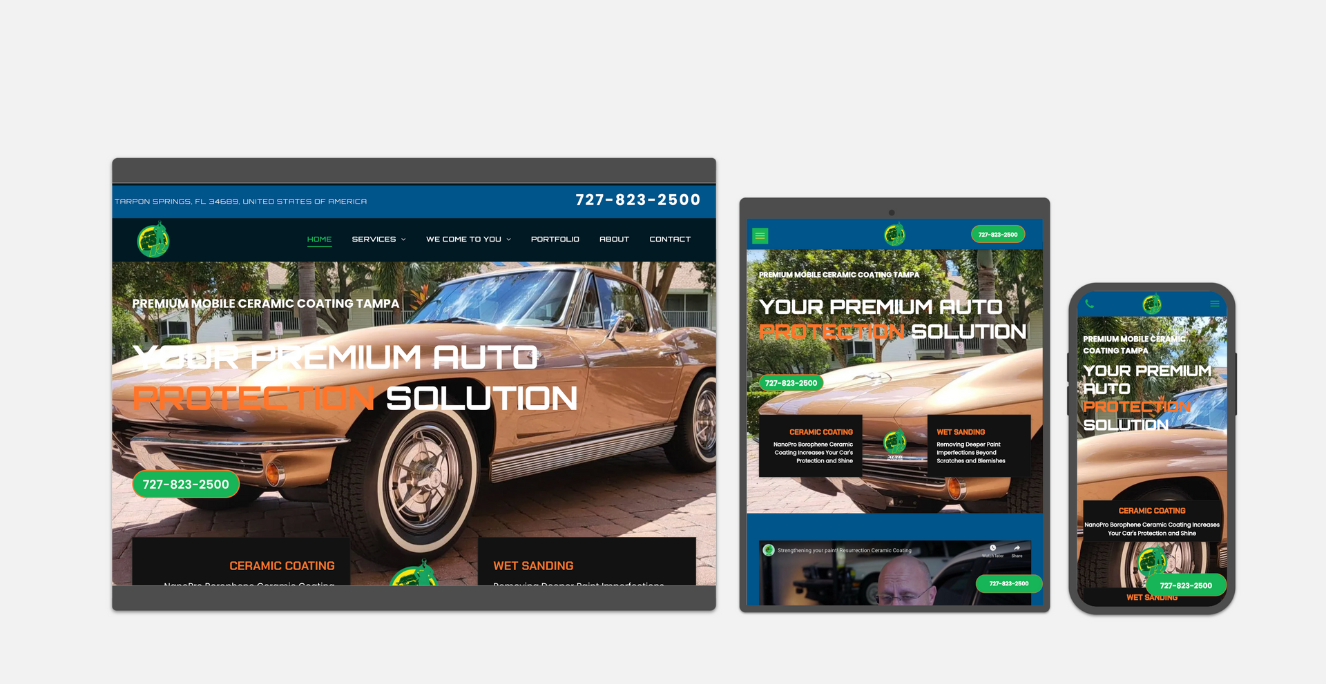Three responsive website mockups for a car sales site on desktop, tablet, and phone with a sports car hero image