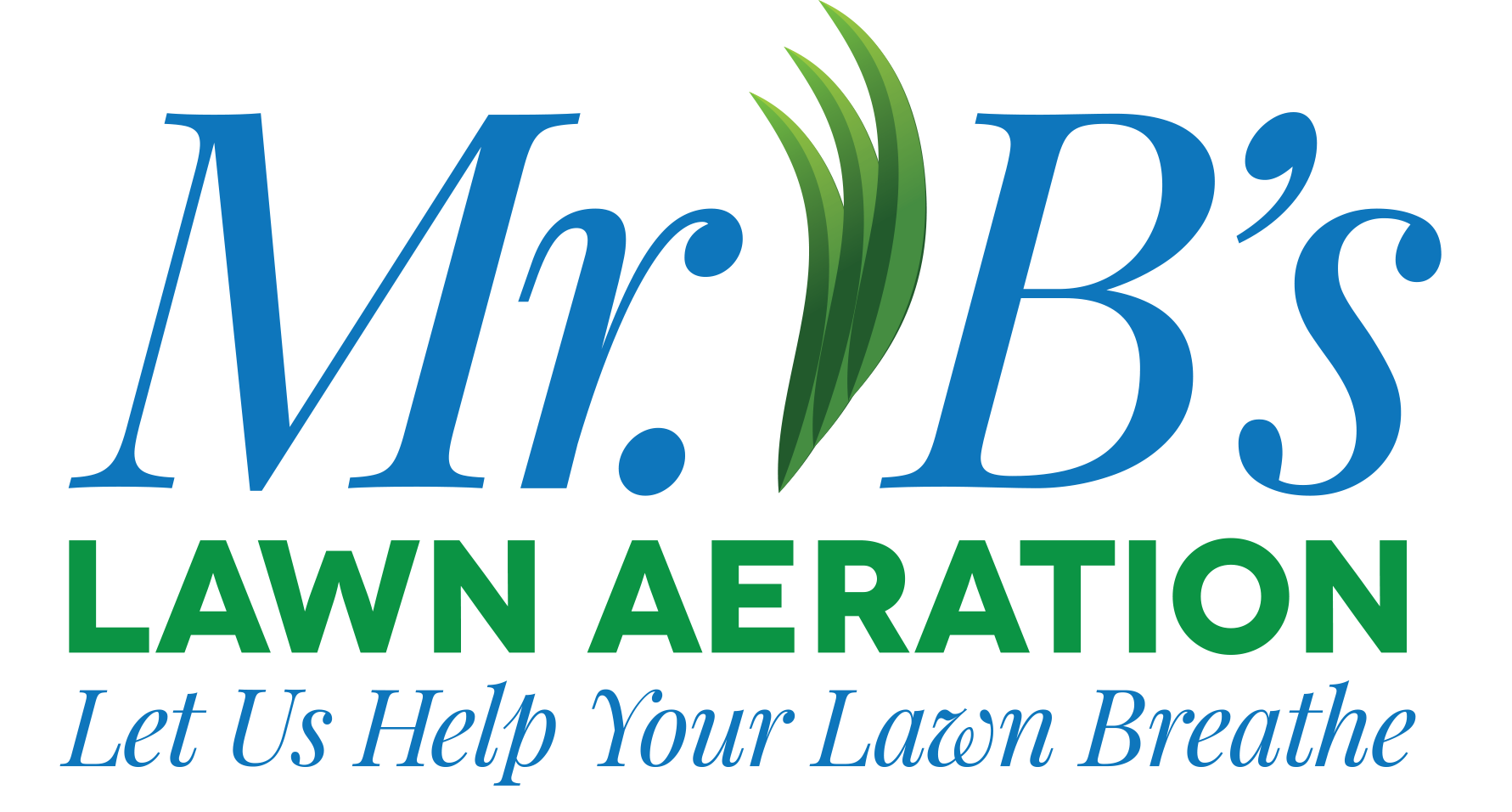 Mr. B's Lawn Aeration logo: Blue text with green grass graphic,