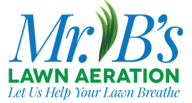 Mr. B's Lawn Aeration logo: Blue text with green grass graphic,