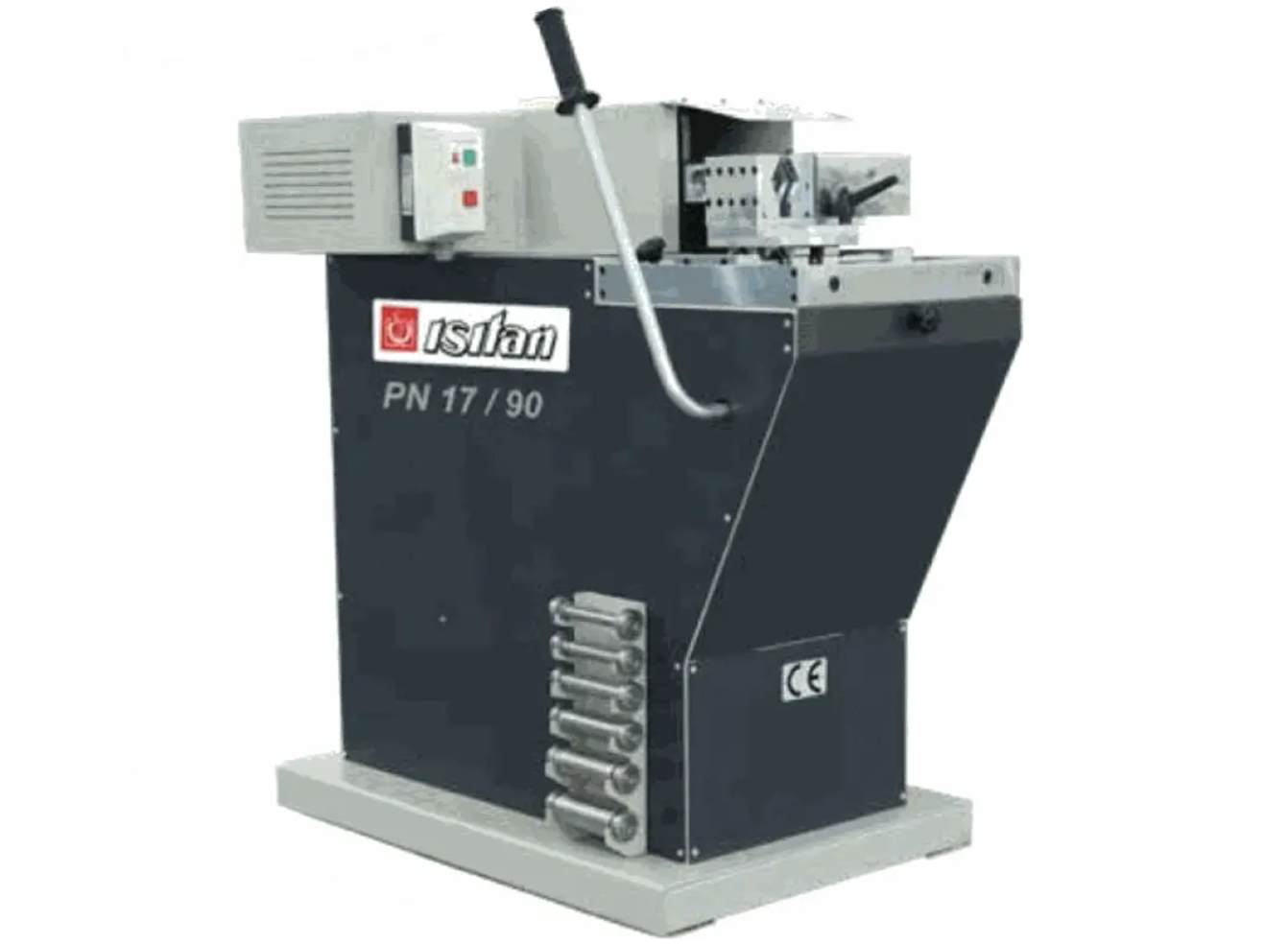 A machine is sitting on a white surface and has a handle on it.