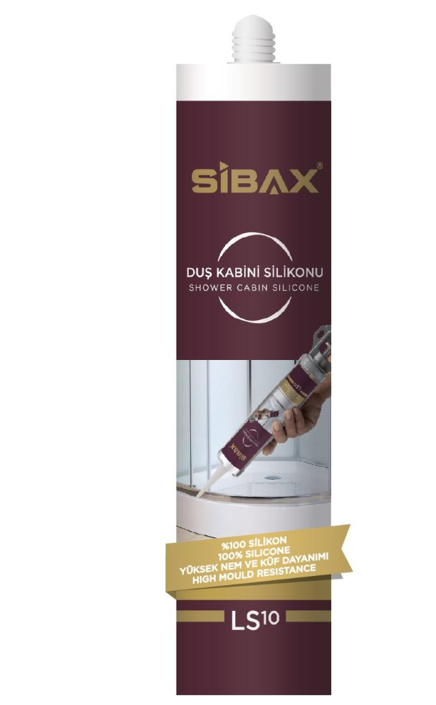 A tube of sibax silicone sealant is being applied to a glass shower door.
