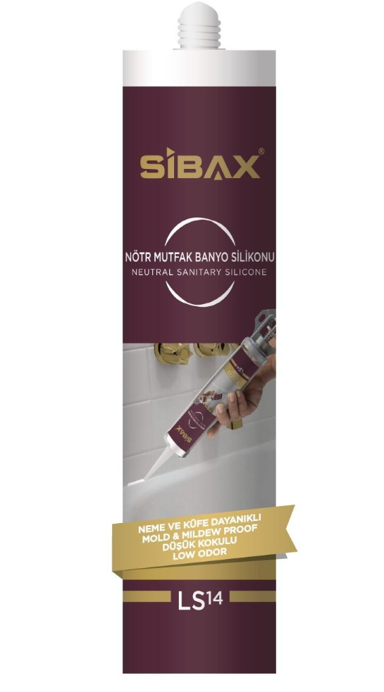A bottle of sibax silicone sealant is being applied to a bathroom sink.