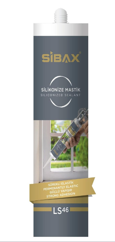 A bottle of silicone sealant is being applied to a window.
