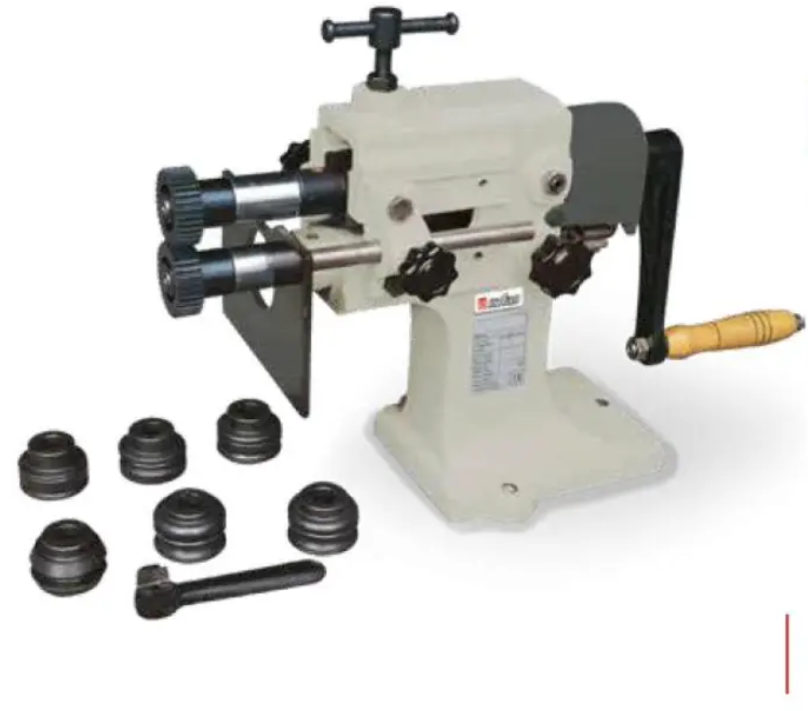 A machine with a wooden handle is sitting on a table.
