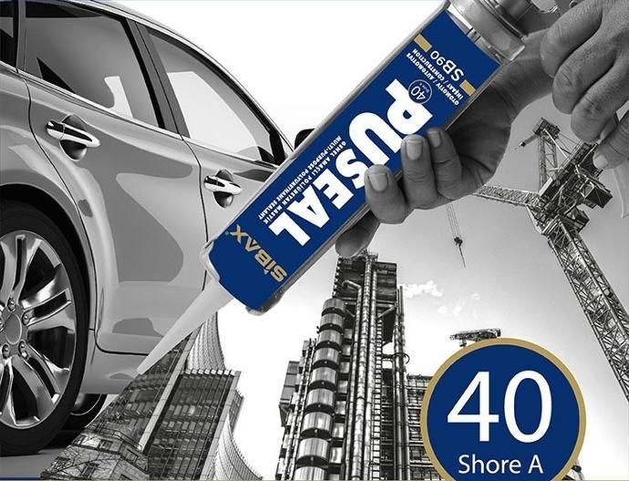 A person is holding a bottle of pusal silicone sealant next to a car