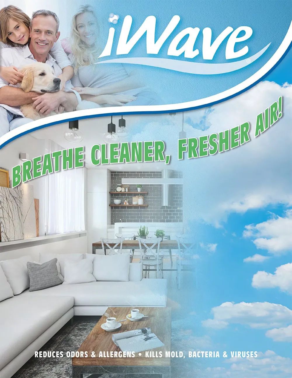 IWave air purifier ad in blue sky, white room, and a family relaxing, with slogan “Breathe cleaner, fresher air”