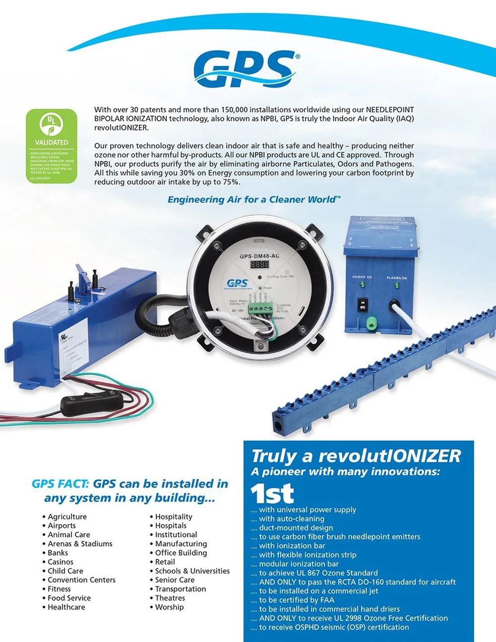 GPS industrial equipment catalog cover with blue logo, product images, and feature text on white background