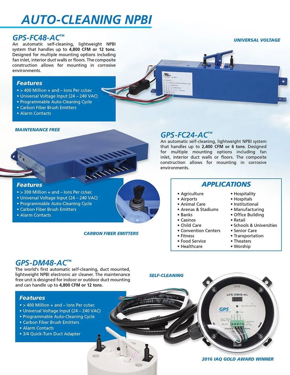 Auto-cleaning NPBI product sheet with blue device, wiring, controls, and application specs
