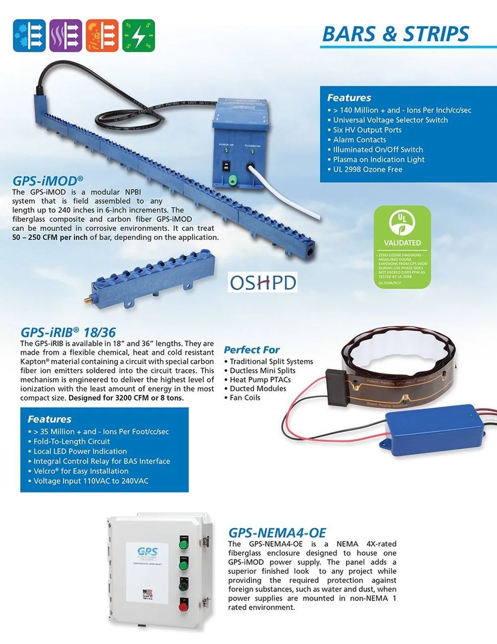 Catalog page showing blue bars and strips products with product photos and specs.