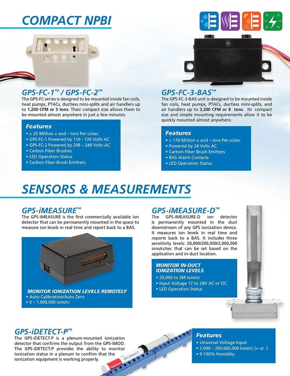 Catalog page showing Compact NPBI and sensor measurement devices with product photos and specs.