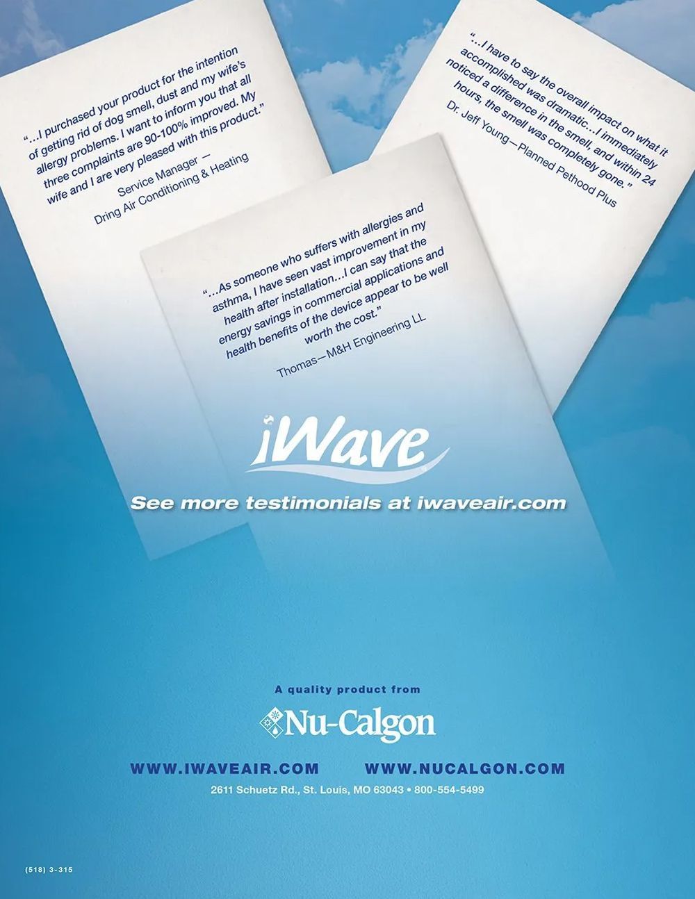 Nu-Calgon iWave ad with three white brochures on a blue sky background and website text