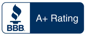 BBB Accredited Business logo in blue and white with a torch icon and text.