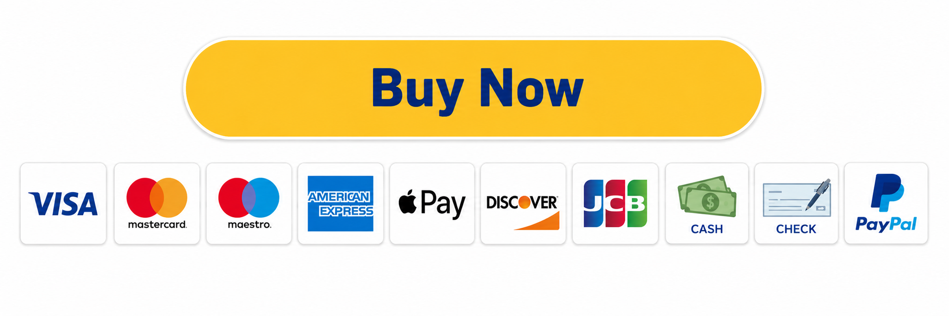 Yellow “Buy Now” button above payment method logos including Visa, Mastercard, Apple Pay, Discover, and others.