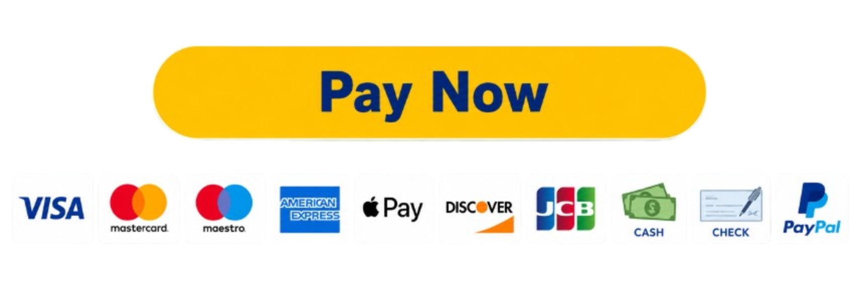 Yellow “Buy Now” button above payment method logos including Visa, Mastercard, Apple Pay, Discover, and others.