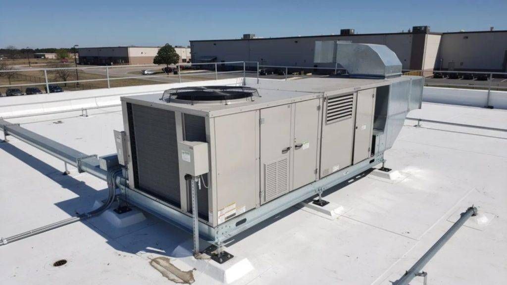 White rooftop HVAC unit on a commercial building under a clear sky