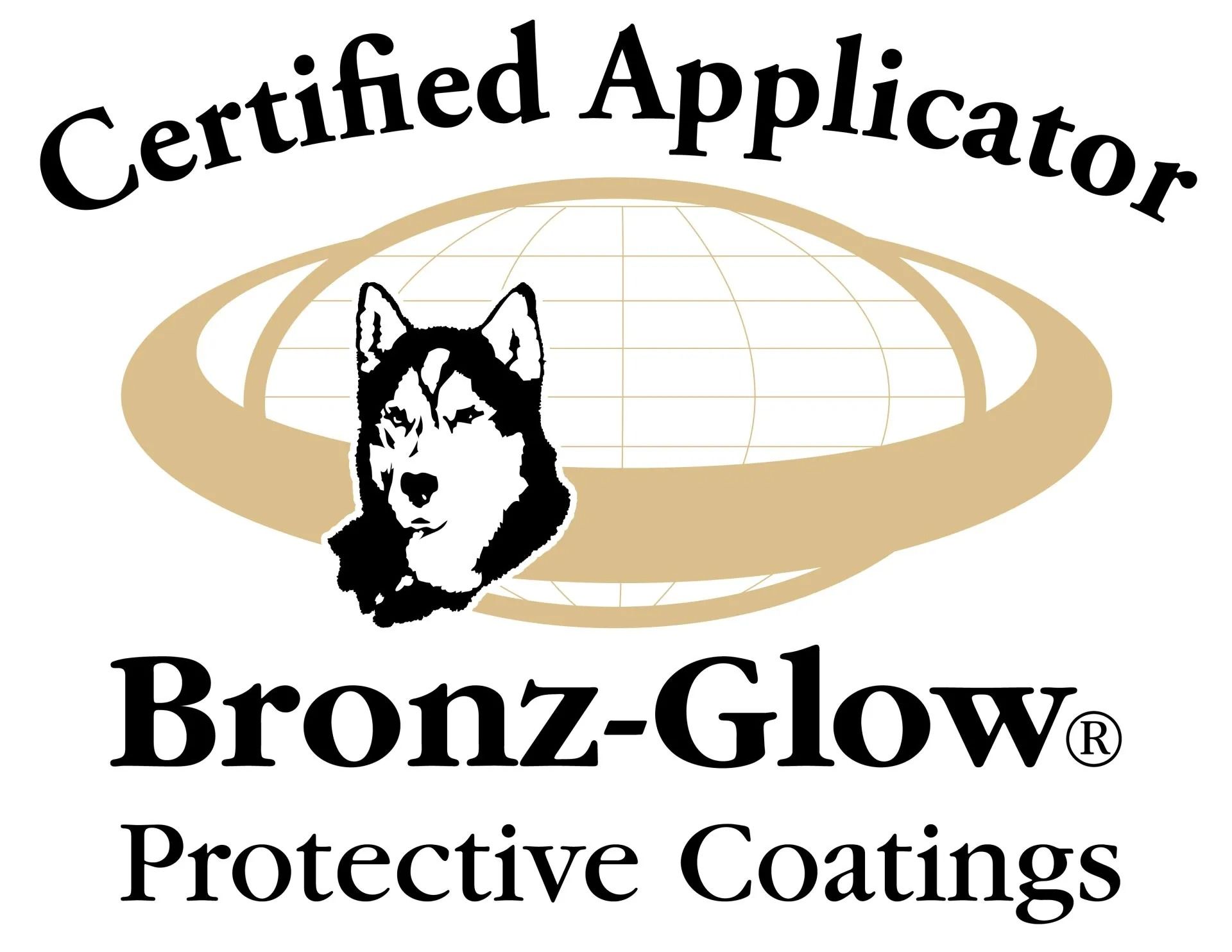 Bronz-Glow Protective Coatings certified applicator logo with husky and gold globe
