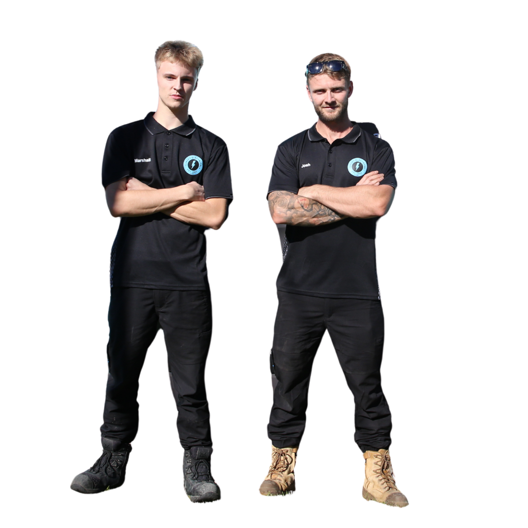 Two men in black shirts and pants standing with arms crossed on a white background.