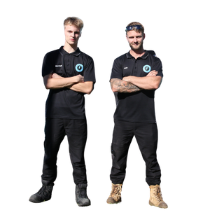 Two men in black uniforms standing with arms crossed on a white background