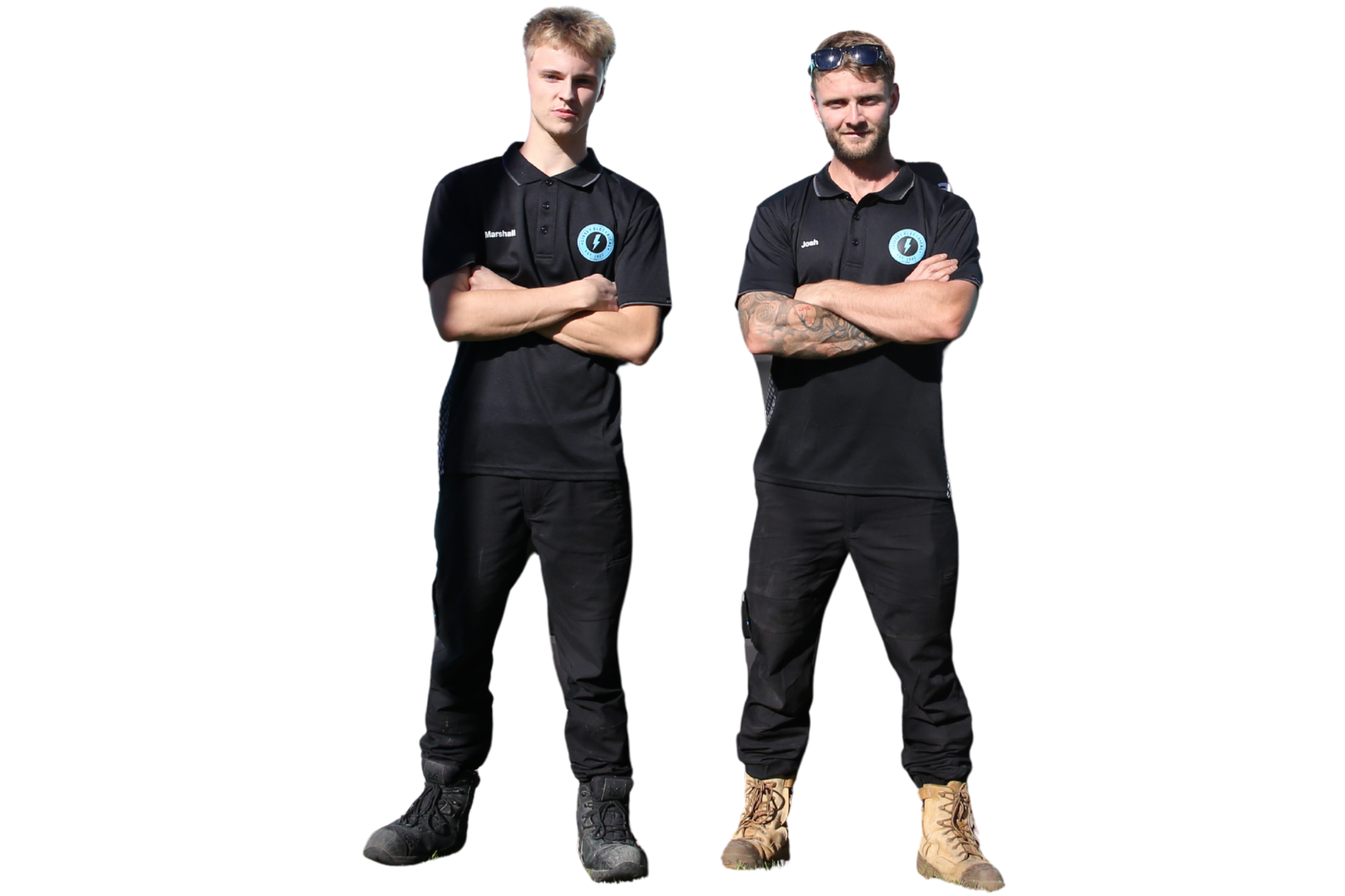 Two men in black polos and pants standing with arms crossed on a white background.