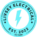 Olive and aqua circular logo for Olivey Electrical with lightning bolt, “EST. 2022” and EC15498.