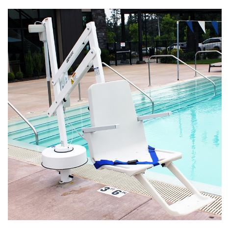 White pool lift chair for accessibility, next to a pool.