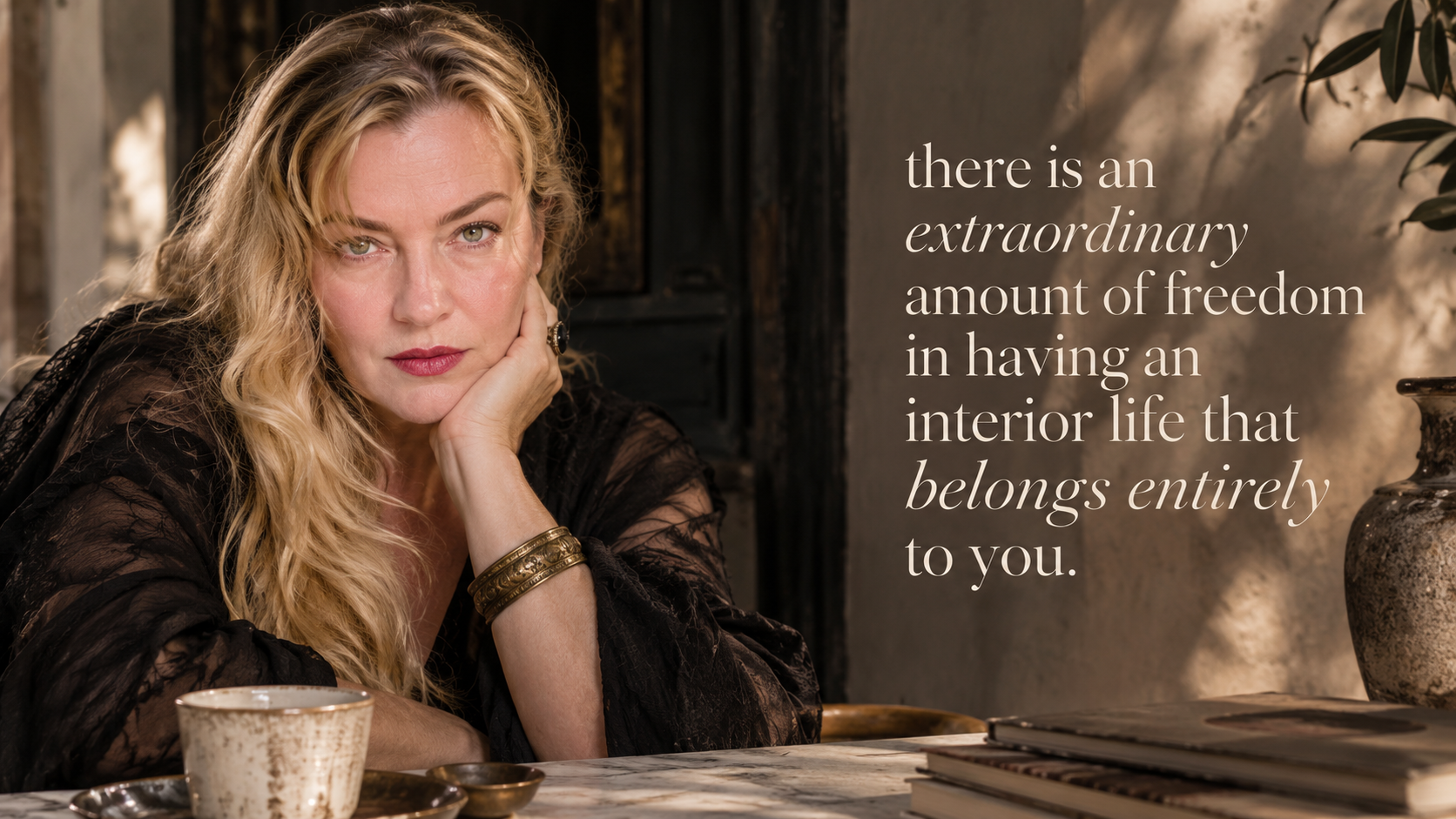 Lisa Hayes in a sophisticated Mexican-inspired setting, reflecting on the freedom of having a rich i