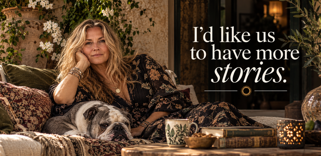 Lisa Hayes relaxes on a sunlit Mexican patio with her dog Pablo, surrounded by books, flowers, and w