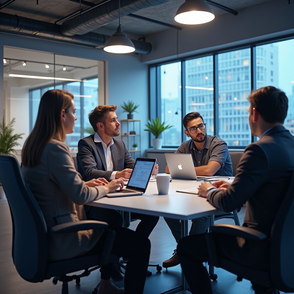 Four people in business attire at a table in an office, discussing data on laptops with city skyline view.