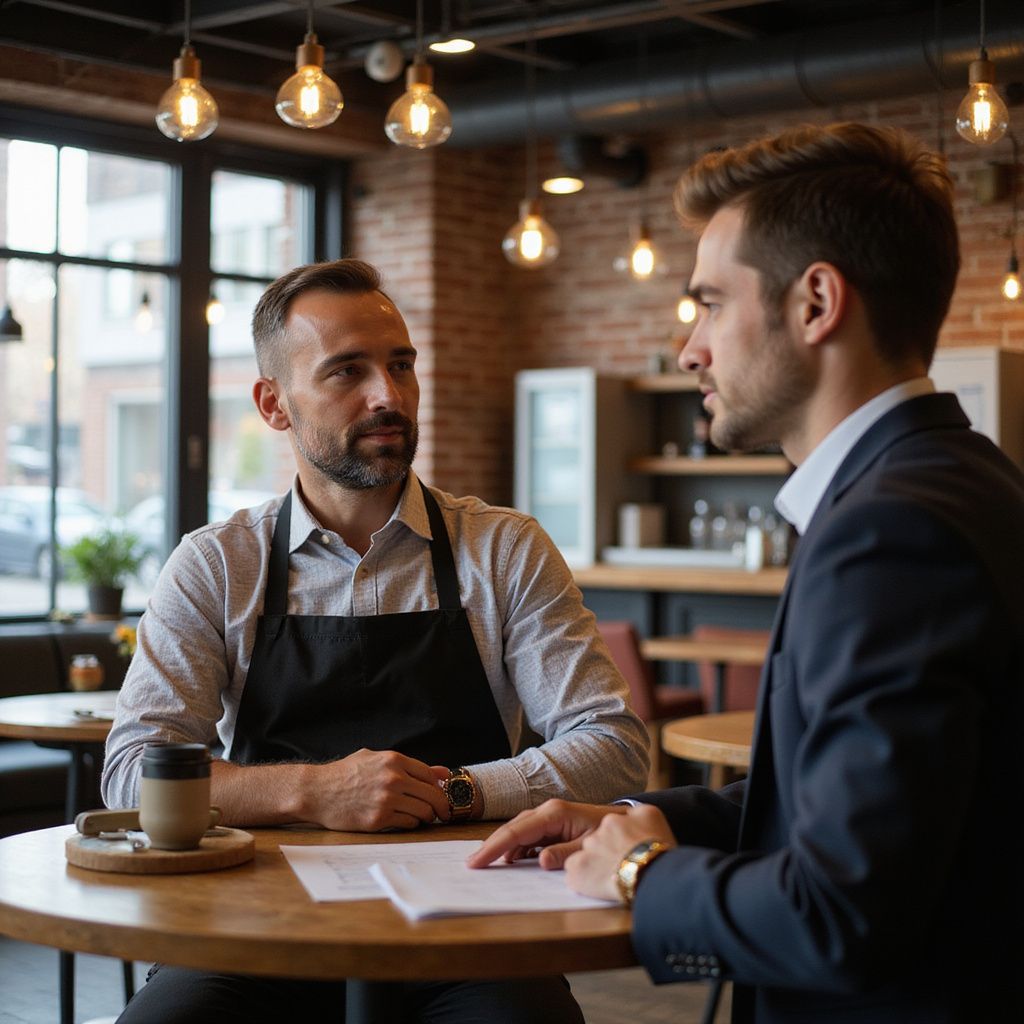 Two men at a cafe table with documents, one in apron, the other in suit, discussing business.