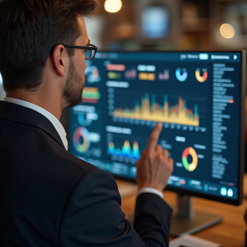 Man in suit pointing at data visualizations on a computer screen, possibly analyzing financial data.