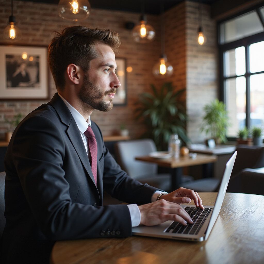 Man in suit typing on laptop at cafe table, focused expression.