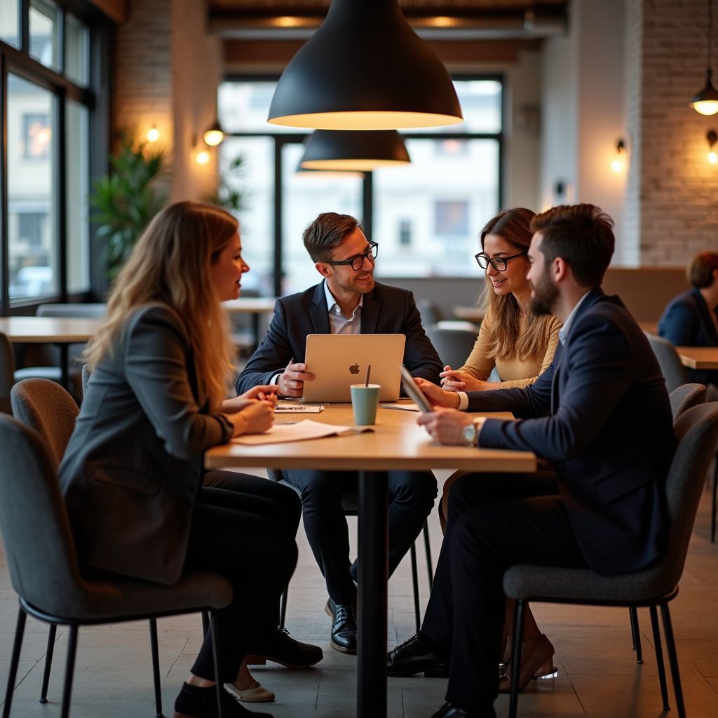 Four professionals in suits sit around a table with a laptop, documents, and tablets in a modern office, engaged in discussion.